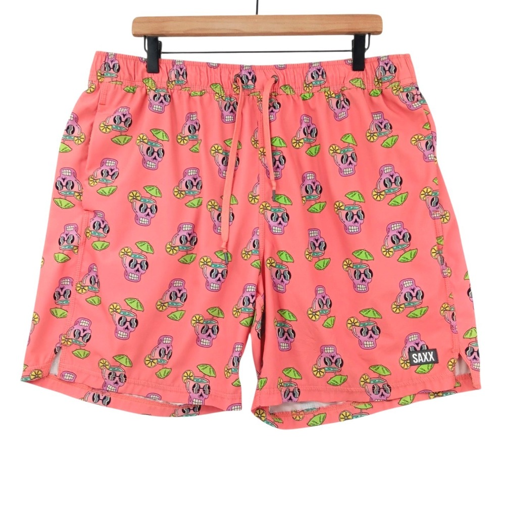 SAXX Oh Buoy Swim Trunks Mens XL Pink Skull Cocktail BallPark Pouch Beach Pool